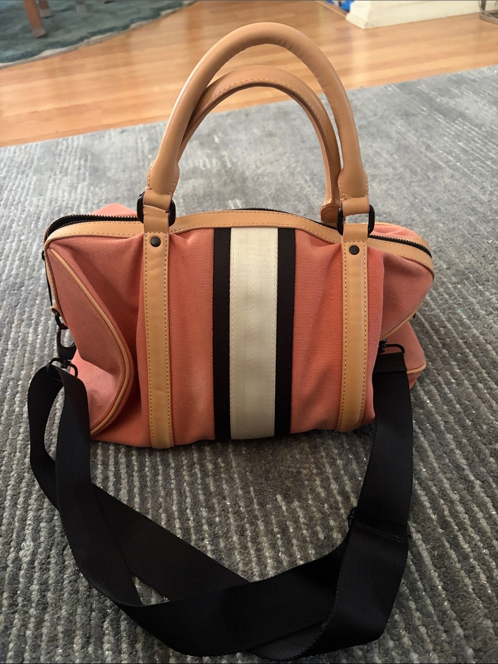 A.M.B. Gwen Stefani Satchel- Pink with sporty white and black striped bag - EUC - Picture 2 of 5